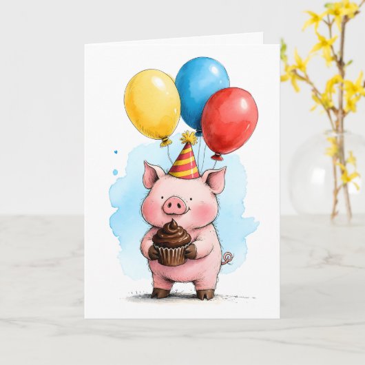 Cute Pink Pig with Cupcake Kid's Happy Birthday カード (黄色い花)