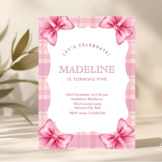 Cute Pink Plaid & Bow Coquette Girl Birthday  招待状