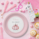 Cute Pink Pumpkin Girl First Birthday ペーパープレート (パーティー)