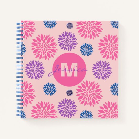 Cute Pink Purple Blue Floral Pattern Personalised ノートブック (正面)
