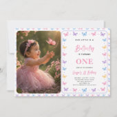 Cute Pink Purple Butterfly 1st Birthday for Girls 招待状 (正面)