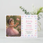 Cute Pink Purple Butterfly 1st Birthday for Girls 招待状 (スタンド正面)