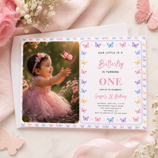 Cute Pink Purple Butterfly 1st Birthday for Girls 招待状