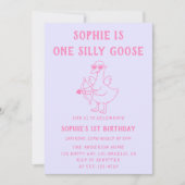 Cute Pink & Purple Silly Goose 1st Birthday 招待状 (正面)