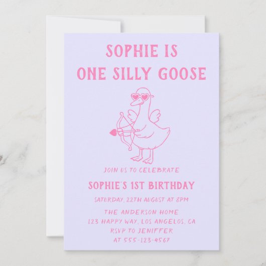 Cute Pink & Purple Silly Goose 1st Birthday 招待状 (正面)