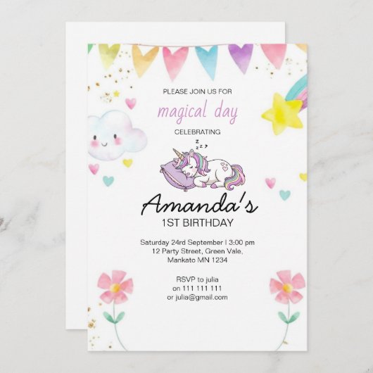 Cute Pink Purple Unicorn Confetti Birthday Party 招待状 (正面/裏面)