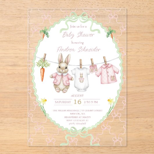 Cute Pink Rabbit Clothesline Baby Shower アクリル招待状 (正面)