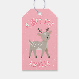 Cute Pink Reindeer Kid`s Name Christmas  ギフトタグ