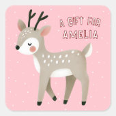 Cute Pink Reindeer Kid`s Name Christmas Gift スクエアシール (正面)