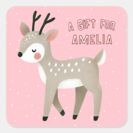 Cute Pink Reindeer Kid`s Name Christmas Gift スクエアシール
