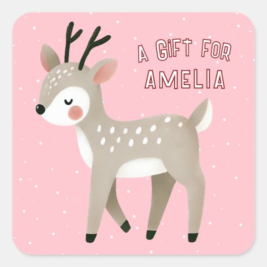 Cute Pink Reindeer Kid`s Name Christmas Gift スクエアシール (正面)