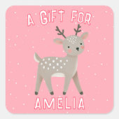 Cute Pink Reindeer Kid`s Name Christmas Gift スクエアシール (正面)
