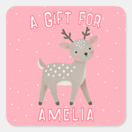 Cute Pink Reindeer Kid`s Name Christmas Gift スクエアシール
