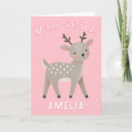 Cute Pink Reindeer Kid`s Name Merry Christmas カード