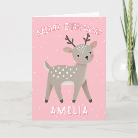 Cute Pink Reindeer Kid`s Name Merry Christmas カード (正面)