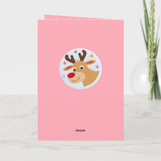 Cute Pink Reindeer Kid`s Name Merry Christmas カード (裏面)