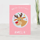 Cute Pink Reindeer Kid`s Name Merry Christmas カード (正面)