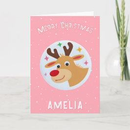 Cute Pink Reindeer Kid`s Name Merry Christmas カード