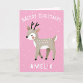 Cute Pink Reindeer Kid`s Name Merry Christmas カード (正面)