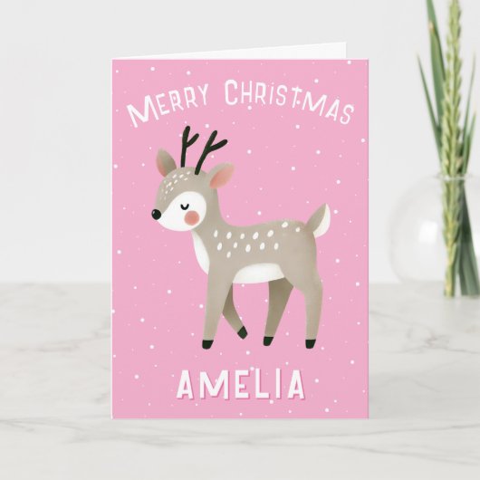 Cute Pink Reindeer Kid`s Name Merry Christmas カード (正面)