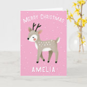 Cute Pink Reindeer Kid`s Name Merry Christmas カード (黄色い花)
