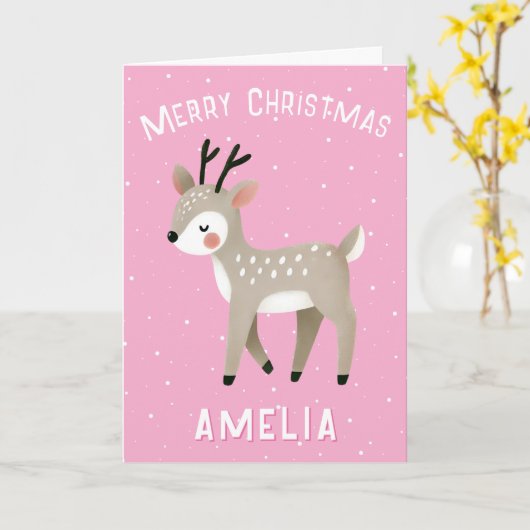 Cute Pink Reindeer Kid`s Name Merry Christmas カード (黄色い花)