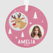 Cute Pink Reindeer Kid`s Name Photo Christmas オーナメント (裏面)