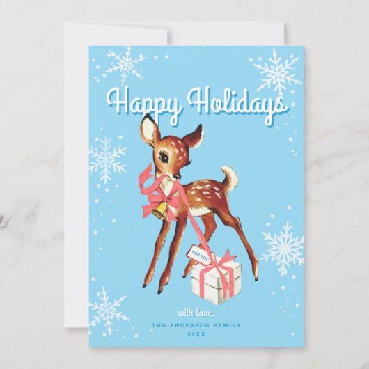 Cute Pink Retro Baby Deer Non-Photo Christmas Card (正面)