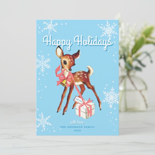 Cute Pink Retro Baby Deer Non-Photo Christmas Card (スタンド正面)