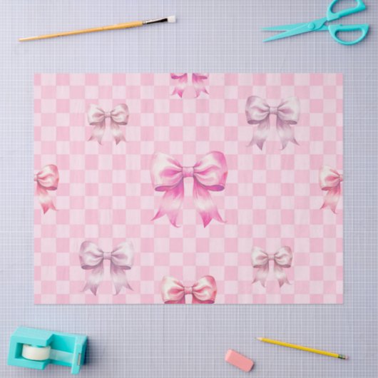 Cute Pink Ribbon and Gingham Sweet Girly Pattern 薄葉紙 (クラフト)