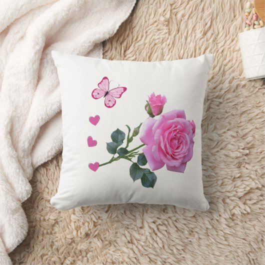 Cute Pink Rose Butterfly Hearts Throw Pillow クッション (ブランケット)