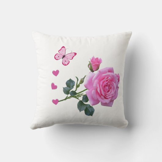 Cute Pink Rose Butterfly Hearts Throw Pillow クッション (裏面)