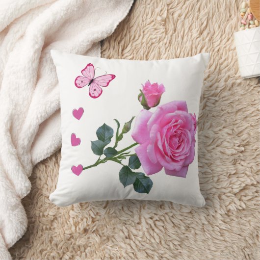Cute Pink Rose Butterfly Hearts Throw Pillow  クッション (ブランケット)