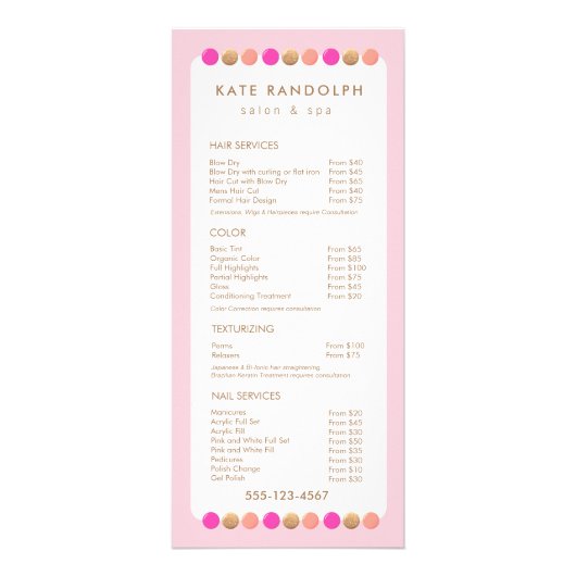 Cute Pink Salon Price List Service Menu ラックカード (正面)