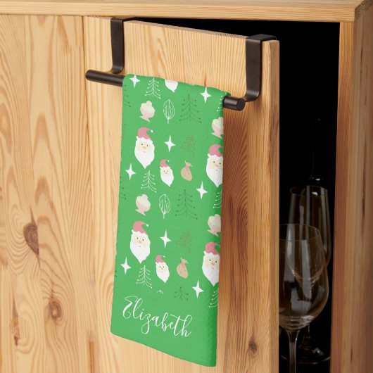 Cute Pink Santa Holiday Pattern キッチンタオル (三つ折り)