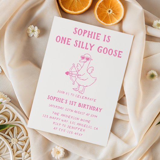 Cute Pink Silly Goose 1st Birthday 招待状