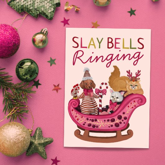 Cute Pink Slay Bells Ringing Dog Diva Christmas シーズンカード