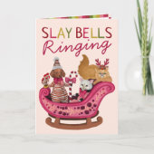 Cute Pink Slay Bells Ringing Dog Diva Christmas シーズンカード (正面)