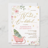 Cute Pink Sleigh Winter Onederland 1st Birthday 招待状 (正面)