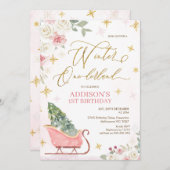 Cute Pink Sleigh Winter Onederland 1st Birthday 招待状 (正面/裏面)
