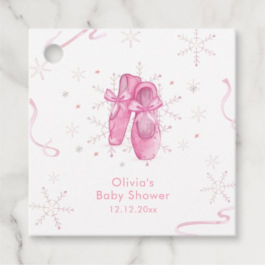 Cute Pink Snowflake Ballerina Girl Baby Shower  フェイバータグ (正面)