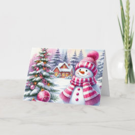 Cute Pink Snowman Christmas シーズンカード