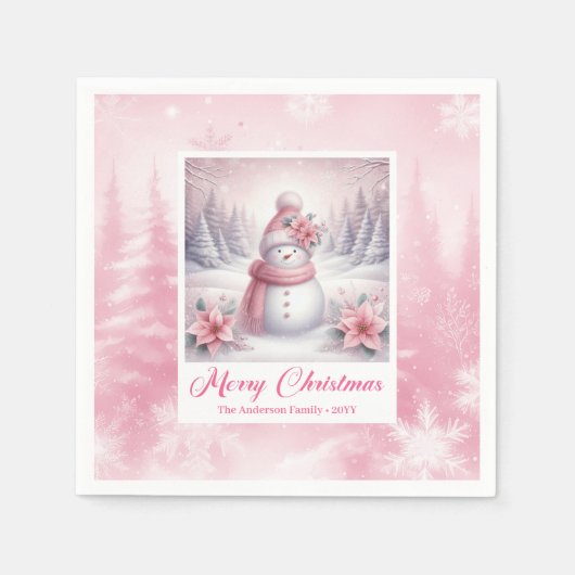 Cute Pink Snowman Christmas Napkin Winter Scene スタンダードカクテルナプキン (正面)
