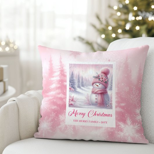 Cute Pink Snowman Christmas Scene Kids Room Pillow クッション