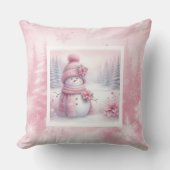 Cute Pink Snowman Christmas Scene Pinkmas Pillow クッション (正面)
