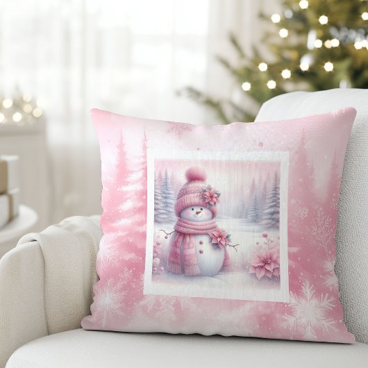 Cute Pink Snowman Christmas Scene Pinkmas Pillow クッション