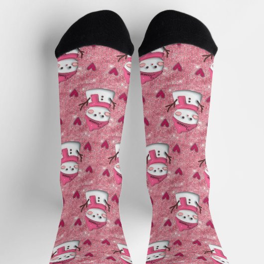 Cute Pink Snowman hearts Personalized Name  ソックス (上部)