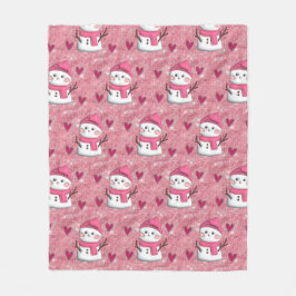 Cute Pink Snowman hearts Personalized Name  フリースブランケット