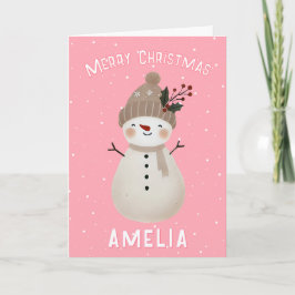 Cute Pink Snowman Kid`s Name Merry Christmas カード