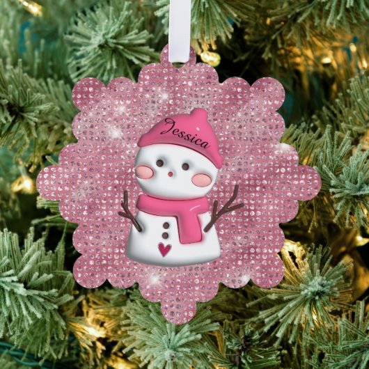 Cute Pink Snowman Personalized Name オーナメントカード (インサイチュ (木))